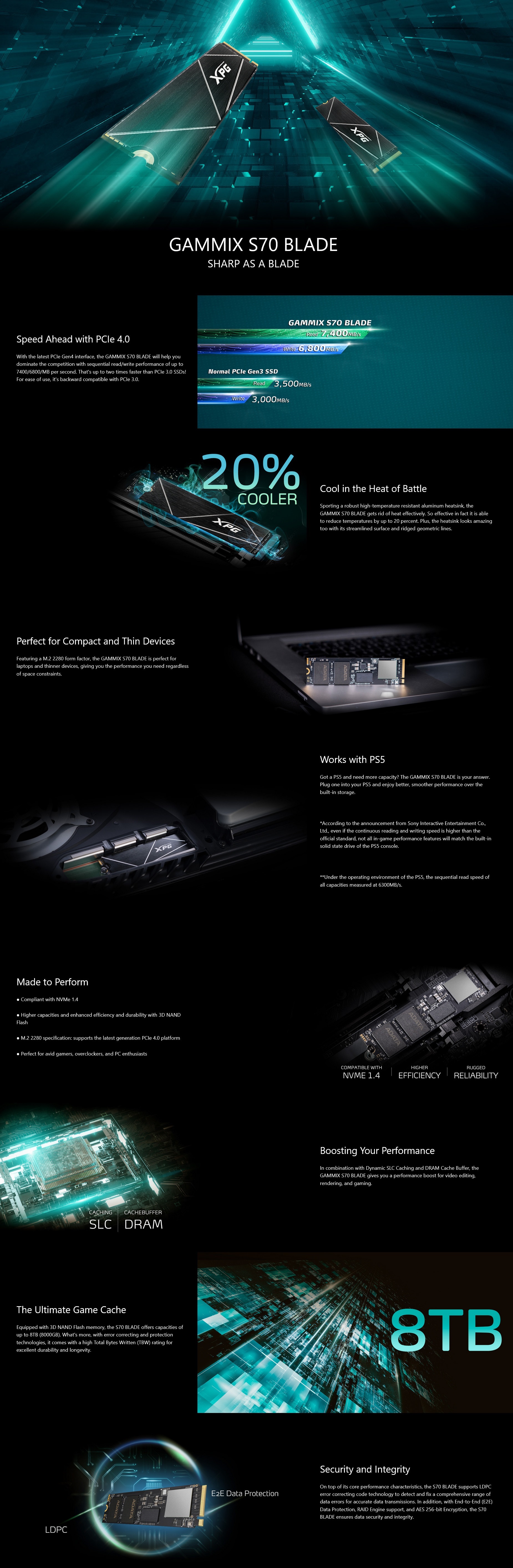 A large marketing image providing additional information about the product ADATA XPG Gammix S70 Blade PCIe Gen4 NVMe M.2 SSD - 2TB - Additional alt info not provided